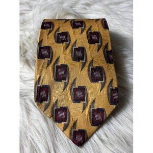 JZ Richards Silk Tie Gold Burgundy Geometric‎ USA Classic Luxury Mens
